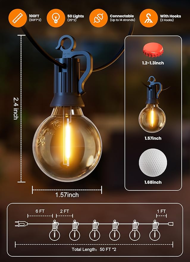 Outdoor String Patio Lights 100FT 50 LED String Lights Waterproof Connectable Shatterproof Hanging Outside Light Backyard Porch Deck Balcony Garden Yard Decor Lighting Edison Bulbs 2200K