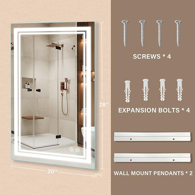 LED Lighted Mirror, 20x28 Inch Bathroom Vanity Mirror Wall Mounted with 3000K/4000K/6000K Adjustable, Anti-Fog, Smart Touch Button, Stepless Dimmable Makeup Mirror, Horizontal/Vertical