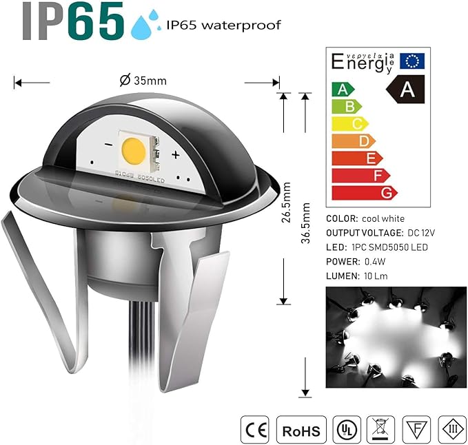 Pack of 30 Low Voltage LED Deck Lighting Kit Stainless Steel Waterproof Outdoor Landscape Garden Yard Patio Step Decoration Lamps LED In-ground Lights (Cold White)