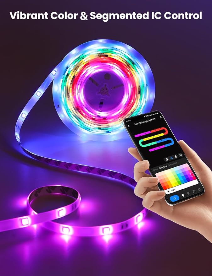 RGB+IC LED Strip Light, 104ft Smart LED Light for Bedroom, Bluetooth APP Control, Color Changing LED Strip Lighting, 44 Scene Modes, Music Sync, TV Backlight Behind Strip, Home Decor, Gaming Room