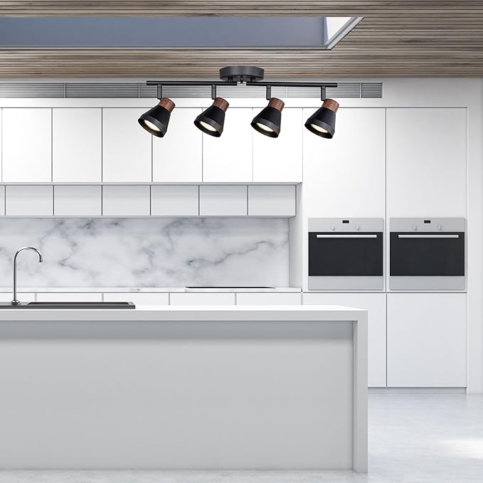 4 Light Modern Track Lighting Kit Black and Faux Wood Finish, Flexibly Adjustable Arm with Multi-Directional Ceiling Spotlight for Kitchen, Bedroom, Living Room,Ding Room Gu10 Not Included