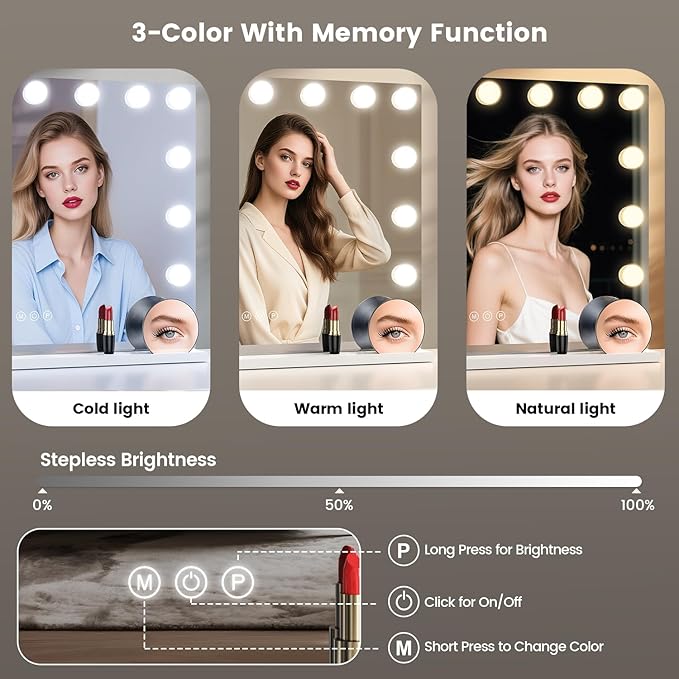 VESAUR Hollywood Vanity Mirror with 10X/15X Magnification and Lights, USB/Type-C Port Makeup Mirror with 15 Dimmable LED Bulbs, 3 Color Modes, Tabletop & Wall Mount for Bedroom, Aluminum（23"x18"）