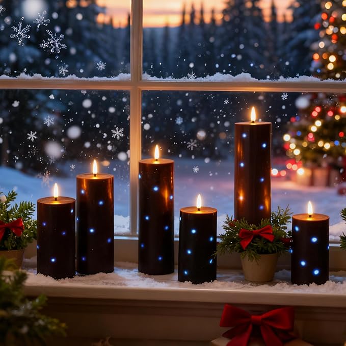 Flickering Flameless Candles,Battery Operated Real Wax LED Pillar Candles with Remote Control and Timer,with Embedded Star String,Set of 9 (Black)