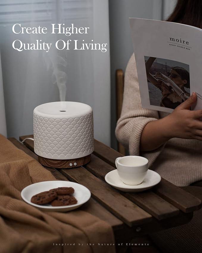 Essential Oil Diffuser -280ml Ceramic Diffuser for Large Room&Commercial Use, 2.4MHz Cool Mist Humidifier & Independent Decorative Light & Aromatherapy Diffuser, Pulse&Continuous Mist, Timer, Auto-Off
