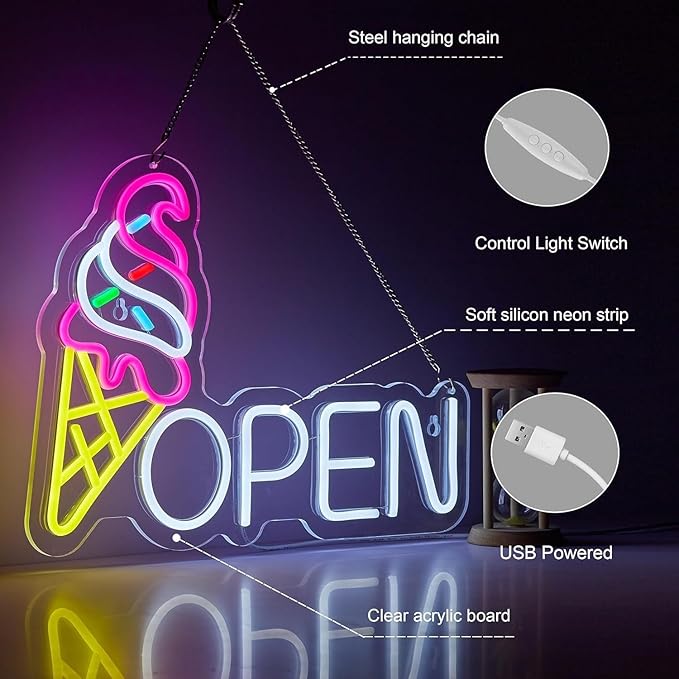 ICE-CREAM Open LED Neon Sign for Wall Decor USB Adjustable Brightness Living Room Bars Barbers Pub Wedding Party Salon Club Gatherings Gaming Room Man Cave Halloween Christmas Birthday Art Wall Decor