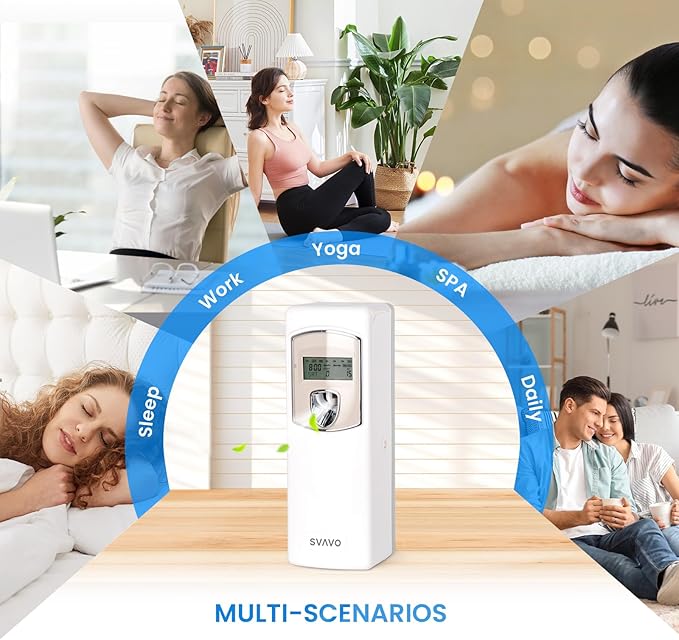 SVAVO Automatic LCD Air Freshener Dispenser - Wall Mount/Free Standing Auto Fragrance Dispenser Programmable Aerosol Spray Perfume Dispenser for Bathroom, Hotel, Office, Commercial Place, White