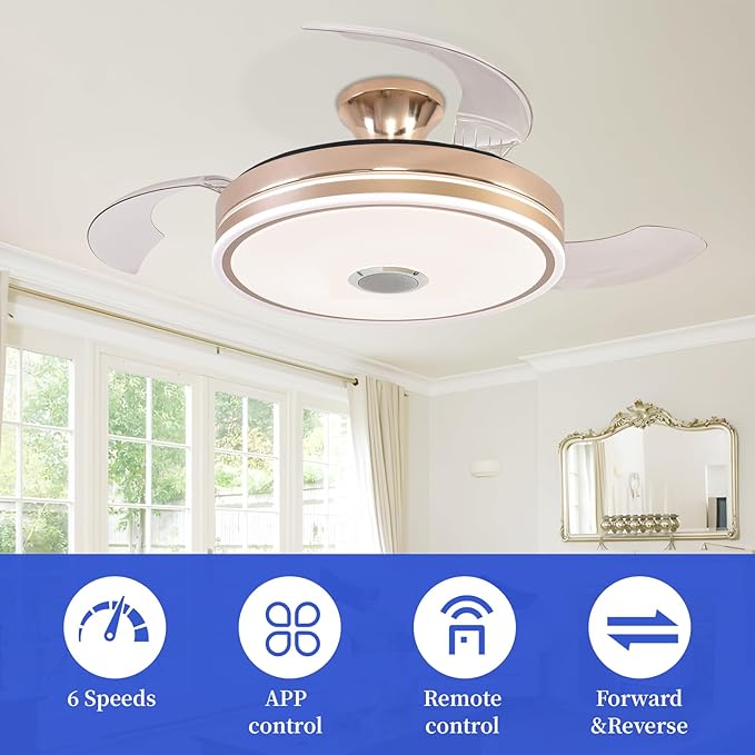 42 inch Ceiling Fan with Light, Retractable Chandelier Ceiling Fans with Lights, Bladeless Ceiling Fan with Light for Bedroom Living Room