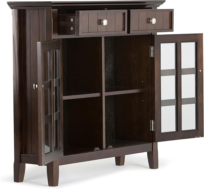 SIMPLIHOME Acadian Solid Wood 48 inch Wide Storage Bench that Seats 2 and 36 inch Wide Storage Cabinet in Brunette Brown for the Living Room, Entryway, and Family Room, Transitional Style