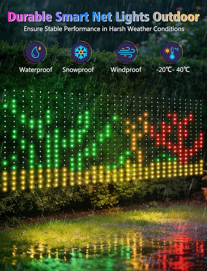echosari 600 LED Net Lights Outdoor, 3.7 * 9.5ft Smart RGB&IC Net Lights with App/Remote Control, DIY Modes, Waterproof Mesh Light for Patio Bush Decor (Dark Green Wire)
