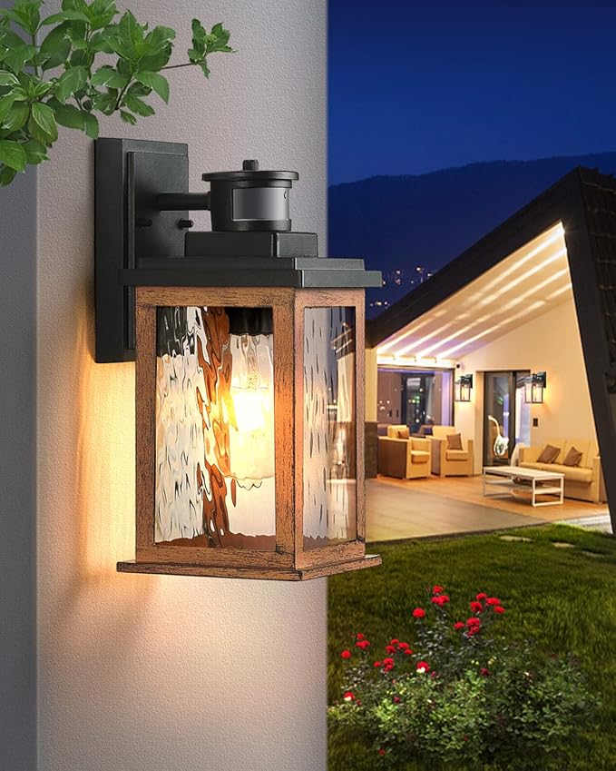VIANIS 2 Packs Dusk to Dawn Outdoor Lighting for House, Wood Grain Motion Sensor Outdoor Lights Fixture, Garage Light Sconce Wall Mount, Lantern with Waterproof, Anti-Rust 100%, Weather Resistant