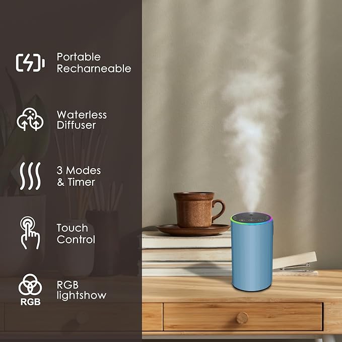 Waterless Essential Oil Diffuser, 7 Colors LED Light, Battery Powered Mini Scent Air Machine, Aromatherapy Mist Diffuser for Home Room Car Office，Black Aluminum Alloy (Blue)