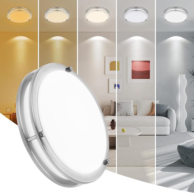 12 Inch Round Brushed Nickel Ceiling Light Fixture - Flush Mount LED Kitchen Ceiling Lamp 2700K/3000K/3500K/4000K/5000K Adjustable Brushed Nickel Bathroom LED Light for Bedroom