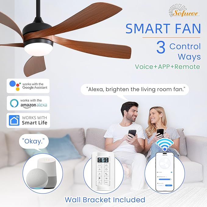 Sofucor 52" Smart Ceiling Fan, Indoor/Outdoor Ceiling Fans with Lights and Remote, Compatible with Alexa/Google/App, 3-Color Light 6-Speed Timing Reversible DC Motor for Bedroom Living Room Patio