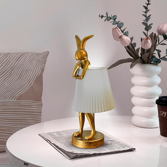 Cordless Rabbit Table Lamp Rechargeable LED 5000mAh, 15.7” Cute Decorative Night Light with Linen Shade & Gold-Tone Bunny Design, Portable Touch Dimmable Bedside Lamp for Bedroom, Home Decor (gray)