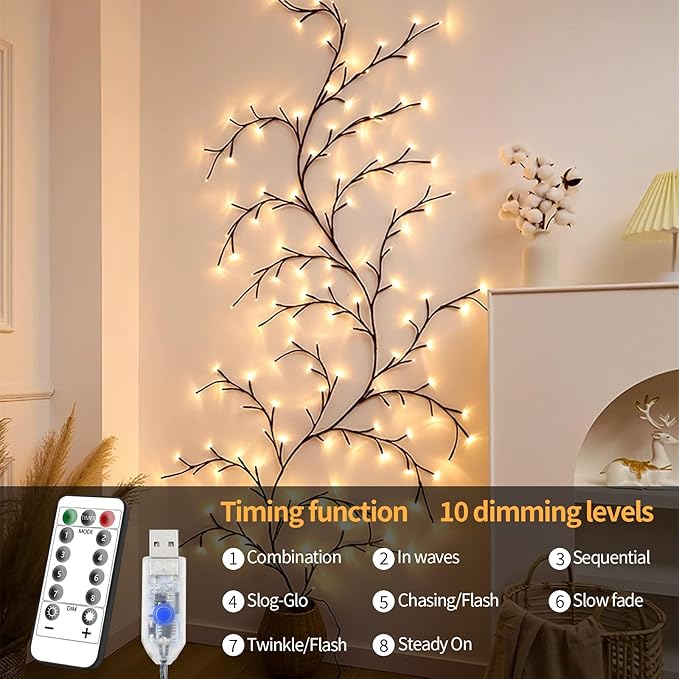 Enchanted Willow Vine Lights 7.55FT 144LED 1 PCS Brown Tree Branch Lights for Wall, Remote Timer,8 Light Model,Bedroom Wall Doors Wedding, Christmas, USB Battery Box