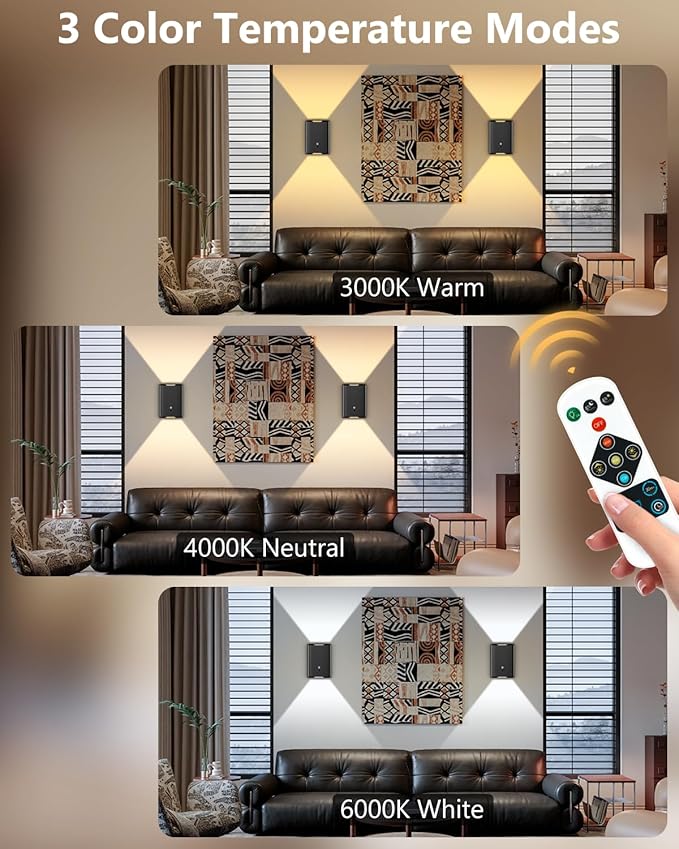 Battery Operated Motion Sensor Wall Sconce Set of 2 – 5000mAh Wireless Rechargeable Wall Lamp Indoor, 3 Colors Up/Down Lighting Magnetic Hallway Light with Remote for Bedroom, Living Room (Black)
