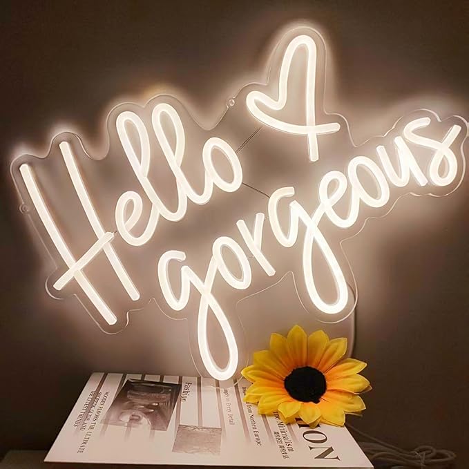 Hello Gorgeous Neon Sign,LED Neon Hello Sign Decorative Art Lamp with Dimmable Switch Suitable for Home Wedding Birthday Backdrop Party,17x10In,Usb Powered(Warmwhite Hello Gorgeous)