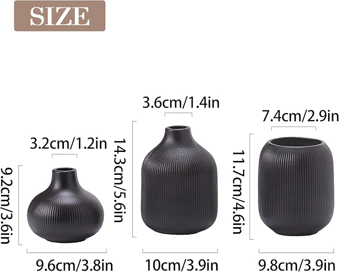 Black Ceramic Vase Set 3 Modern Style Decor Farmhouse Home Living Room Dining Table Room Desk Pottery Small Vases
