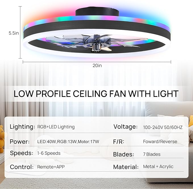 RGB Ceiling Fans with Lights, 20" Fandelier Low Profile Ceiling Fan with Light, Modern Flush Mount Ceiling Fan Light with Remote/APP Control, Bedroom Chandelier Fan Fixture for Indoor(Black)