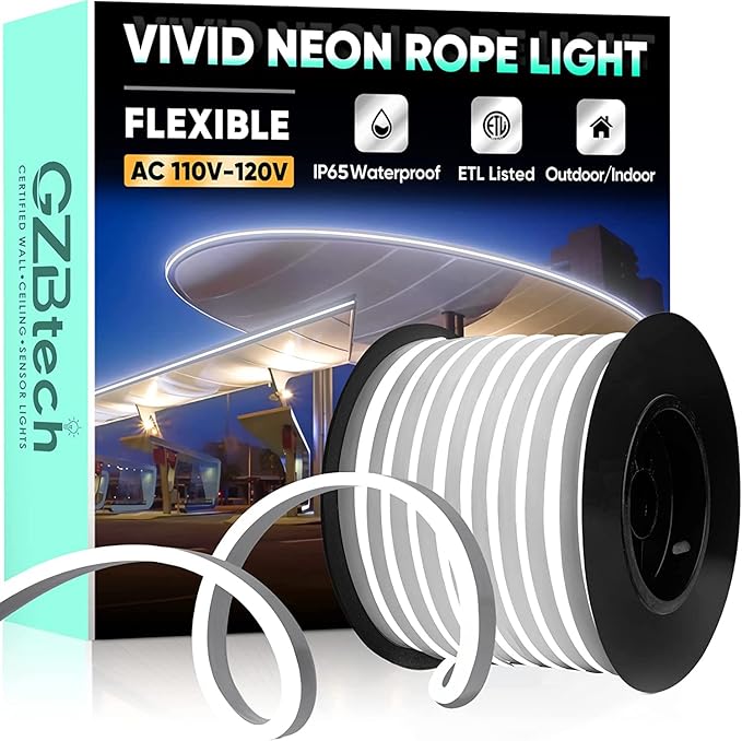 GZBtech Flexible LED Neon Rope Lights 82FT,AC 110-120V Waterproof Strip Light, 120 LEDs/M Cuttable Connectable Neon Lighting for Indoor Outdoor Home Decor/Commercial Use-Cold White 25M, ETL Listed