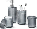 KASUNTING Gray Glass Bathroom Accessories 4 Pcs, Grey Bathroom Set, Soap Dispenser and Toothbrush Holder Set, Qtip Holder Set, Vintage Bathroom Sink Set, Modern Bathroom Decor