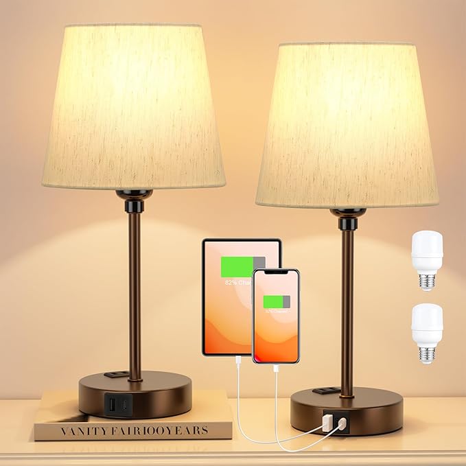 Acaxin Brown Bedside Lamps for bedrooms Set of 2 - Nightstand Bedroom Lamp with USB C Port and AC Outlet Charging, 3 Way Dimmable Touch Control Small Bed Side Table Lamp, Nightstand Light for Kids