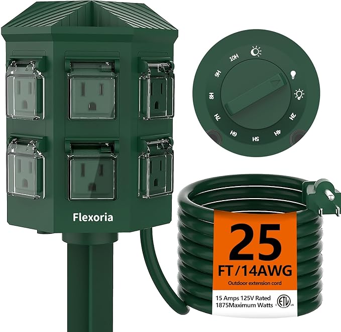 Outdoor Power Strip Timer Waterproof, Dusk to Dawn Light Sensor Countdown, 25 Feet Extension Cord, 6 Grounded Outlets for Graden and Yard Decorations, ETL Listed