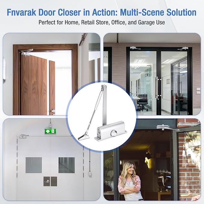 Automatic Door Closer, Adjustable Grade 3 Size Spring Hydraulic, Heavy Duty Door Closer for Commercial and Residential Silver for Doors Weighing 88 to 143 pounds