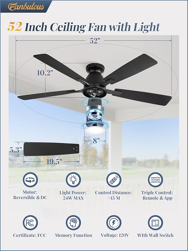 Fanbulous 52 inch Ceiling Fans with Lights, Smart Flush Mount Ceiling Fan and Remote APP, Modern Low Profile, 3CCT 20W LED with 6-Speeds Quiet Reversible Motor for Bedroom, Living Room, Kitchen, Black