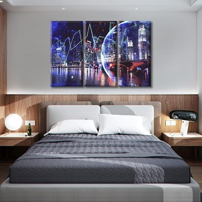 3 Panel Modern Frame Canvas Business and Financial Concept Black and White Wall Art Financial Chart on City Scape with Tall Buildings Background Wall Decor for Living Room Ready to Hang (60"Wx40"H)
