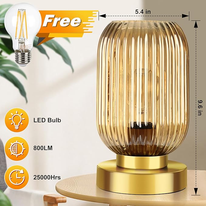 Mid Century Modern Table Lamp with Amber Ribbed Glass Shade,Touch Control & 3 Way Dimmable,Small Gold, Vintage Bedside Lamp for Bedroom, Living Room,Office (Bulb Included)