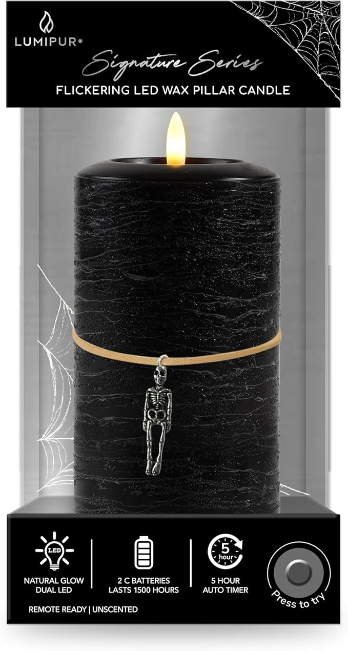 LumiPur Signature Natural Glow Flickering Flameless LED Wax Pillar Candle (Black, 3.5" x 7")