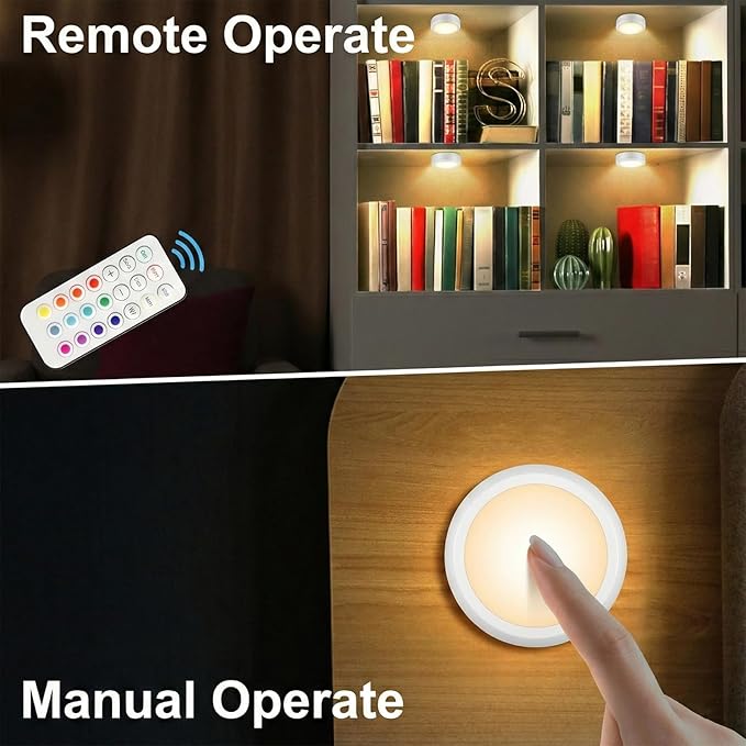 Alivation Led Under Cabinet Lighting Battery Operated Light, 6 Puck Lights with Remote Control, 13 Color Changing Stick on, Touch Push Tap Lights for Kitchen, Closet, Bookshelf, Stair, Display