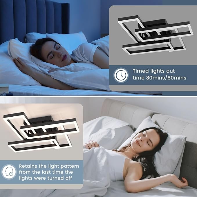 Modern Led Ceiling Light for Living Room,Black Flush Mount Ceiling Lights with Remote Control&APP，3000-6500K Dimmable, 54W Acrylic Ceiling Lamp for Bedroom Kitchen Dining Room