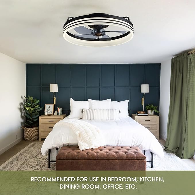 Ceiling Fan with Light, Flush Mounted Ceiling Fan with Lights, 6 Wind Speeds Smart Low Profile Fan for Bedroom, Kids Room and Living Room 20" (Black)