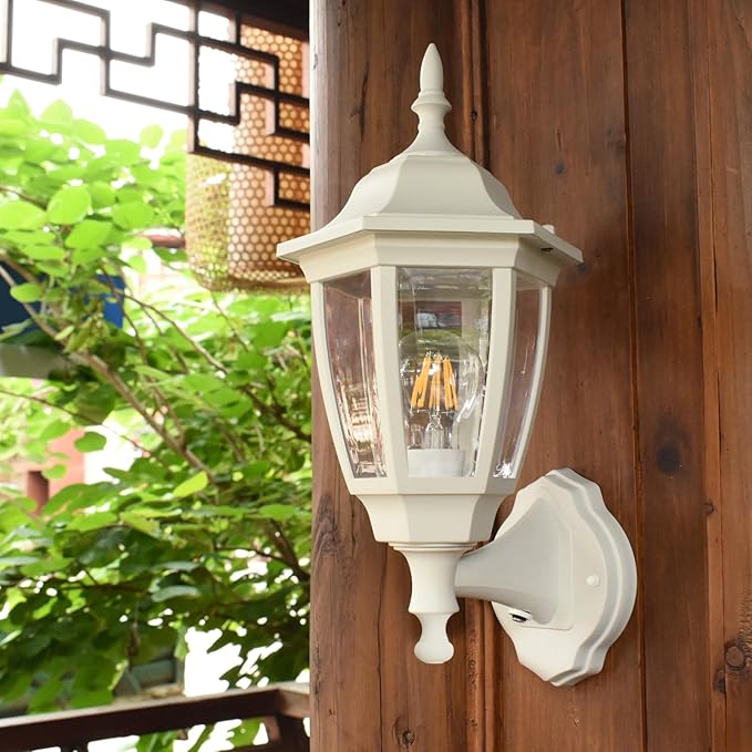 FUDESY Outdoor Wall Light Dusk to Dawn, Porch Sensor Light White Plastic Anti-Corrosion with LED Edison Filament Bulb, Exterior Mount Lantern for House, Garage (2-Pack)