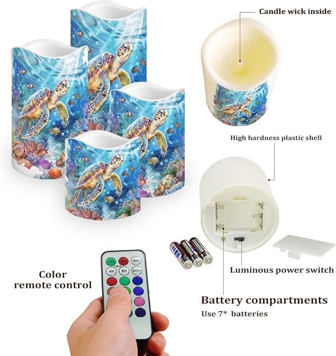 Sea Turtle Pillar Candles Bulk Led Flameless Battery Operated Candles with Timer Remote Color Changing Electric Fake Candles for House Warming Home Decorations Set of 4
