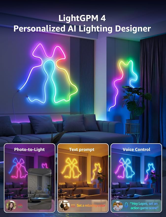 Lepro N1 AI Smart RGB Rope Lights for Christmas, Personalized AI Lighting Designer, LightBeats Music Sync, Color Segment DIY, Voice Control Via App, 19.68ft Wi-Fi & Bluetooth LED Strip Lights
