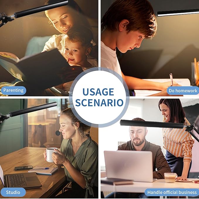 LED Desk Lamp with Clamp,Eye-Caring Desk Light with Clamp,Swing Arm Lamp Includes 3 Color Modes&10 Dimmable Brightness,Desk Lamp with USB Charging Port for Home Office,Reading(Black,12W)
