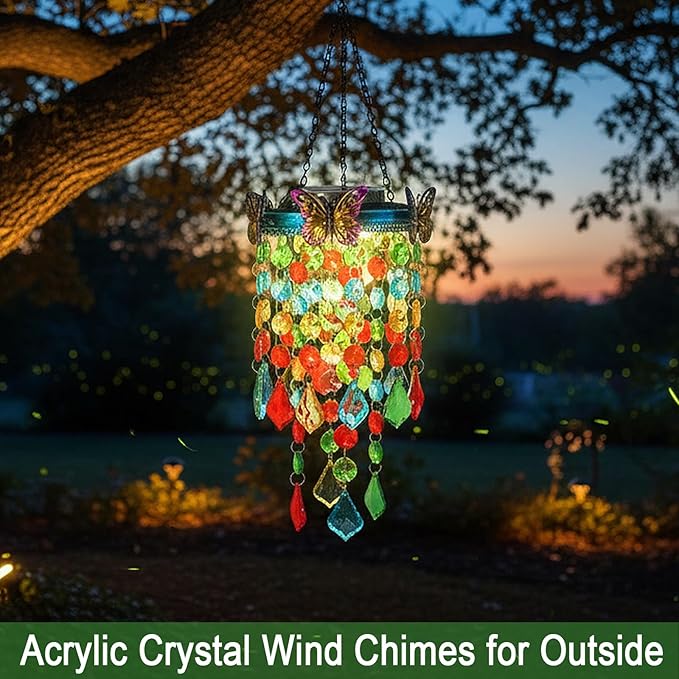 Hanging Solar Lanterns Outdoor Chandelier,Colorful Metal Butterfly with Acrylic Crystal Wind Chimes for Outside,Solar Lights Color Changing LED Outdoor Decorative for Paito,Porch,Yard