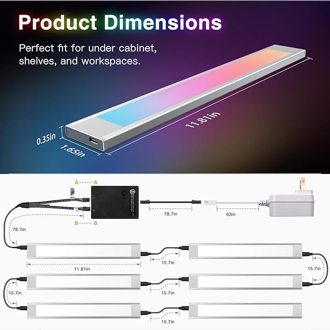VST 6Pack RGB Under Cabinet Lighting with Adjustable White Light, Ultra-Thin LED Light Bars, APP & Voice Control (Alexa/Google), Remote & Button Control, Linkable Lights for Kitchen Cabinets, Shelves