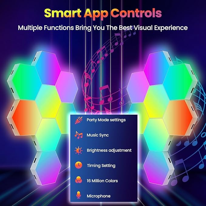 16-Pack Hexagon RGB LED Wall Lights – Modular Smart Light Panels with App & Remote Control, Music Sync & Dynamic Effects – DIY Gaming Room, Bedroom & Home Decor Lighting