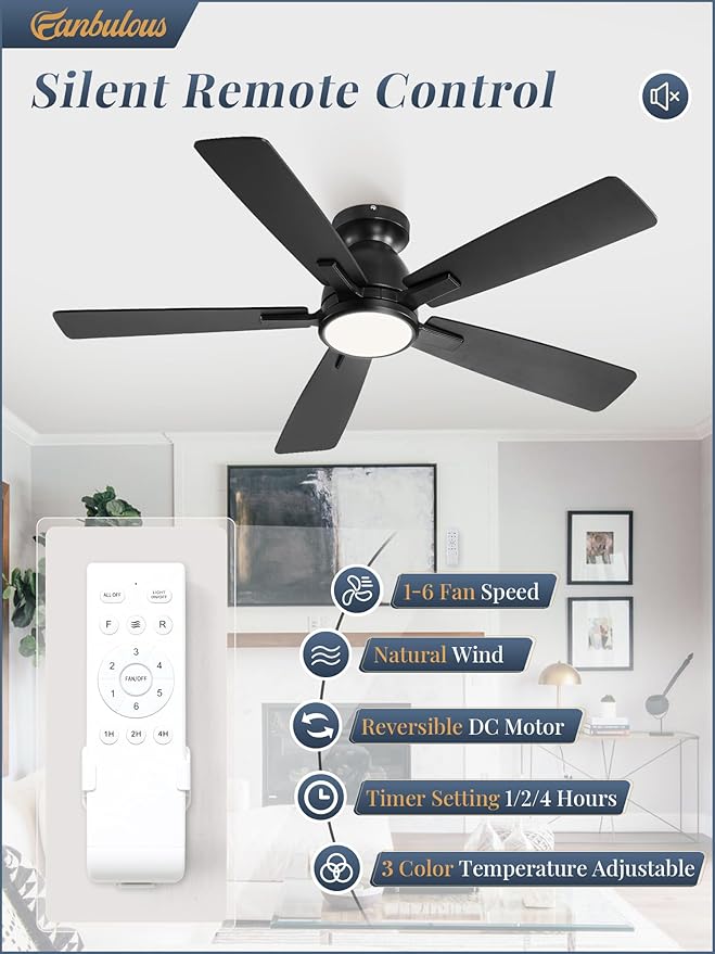 Fanbulous 46 inch Ceiling Fans with Lights, Flush Mount Ceiling Fan and Remote, Modern Low Profile, 3CCT 20W LED Light with 6-Speeds Quiet Reversible Motor, for Bedroom, Living Room, Apartment, Black