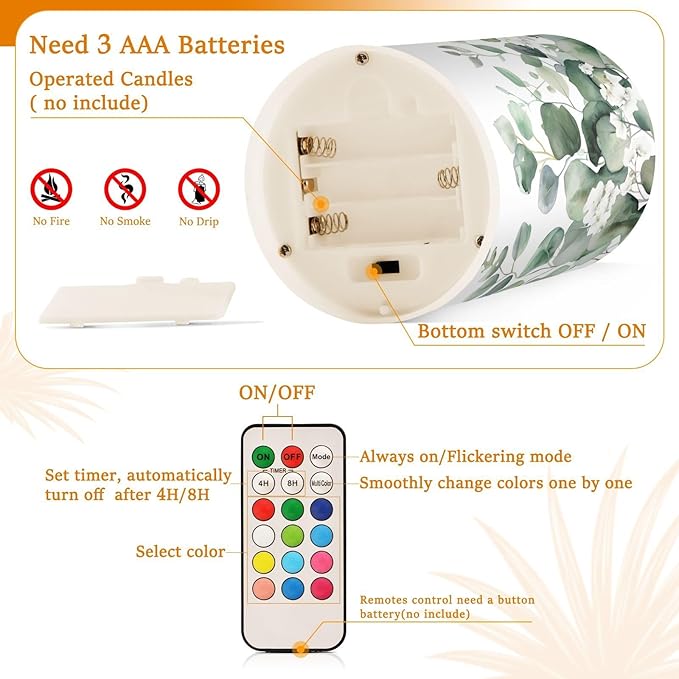 Watercolor Leaf and Flower Pattern Flameless Candles Color Changing LED Candles with Remote Control Battery Candles for Outdoor and Indoor Home and Room Decoration, 3'' x 4''/5'' Set of 2 Pieces