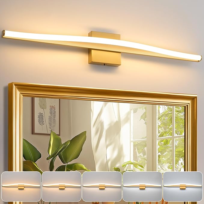 Modern Bathroom Vanity Light 32 inch, Curved, Dimmable 5CCT Led Bathroom Light Fixture Over Mirror, Gold Bar Vanity Light for Bathroom Mirror Cabinets-ETL Certificated Modern LED Vanity Makeup Lights