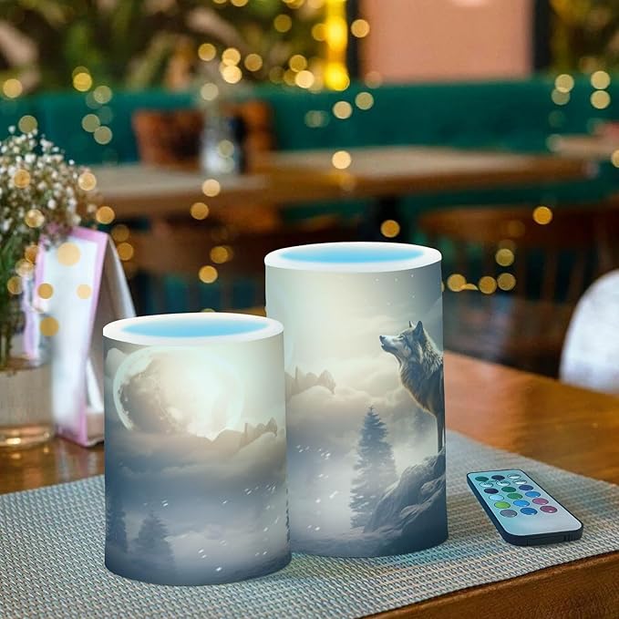 YETTASBIN Wolf Flameless Candles with Remote Control and Timer, Adjustable Brightness Long Lasting Battery Operated LED Pillar Candles for Indoor Outdoor Party Home Decor, 2 Pack