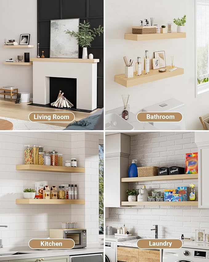 White Oak Floating Shelf Set of 3 for Wall, 2 Inch Thick Wood Floating Shelves Wall Mounted, 8 Inch Deep Shelf for Kitchen Living Room Bathroom Laundry Office, 50LBS Capacity (16 & 31.5 in)
