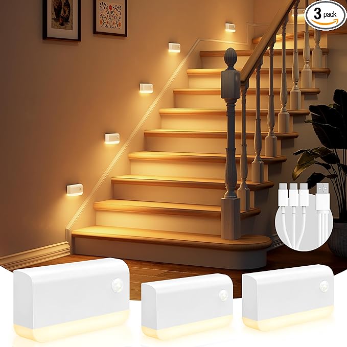 VOLISUN Motion Sensor Night Light, Rechargeable Stair Lights Indoor, Battery Operated Night Light for Hallway, Stairway, Bathroom, Bedroom, Kitchen, 3 Modes & 3 Color Temperatures(3 Pack White)