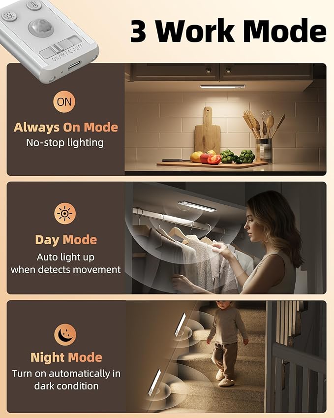 EZVALO Under Cabinet Lighting, 2400mAh Rechargeable Motion Sensor Light Indoor, 3 Color Temps, 5-Level Dimmable Magnetic Wireless Closet Lights for Kitchen, Pantry, Stairs (2 Pack)