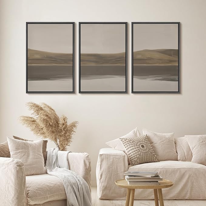 wall26 Framed Canvas Print Wall Art Set Minimal Horizon Landscape in Calm Neutral Shades Illustrations Modern Art Decorative Multicolor for Living Room, Bedroom, Office - 24"x36"x3 BLACK